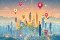 Ilustrasi kota-kota modern Asia yang terhubung oleh jaringan digital, dengan simbol-simbol game dan ikon NFT melayang di atasnya, melambangkan koneksi lokal ke global.