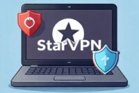 Ilustrasi sebuah komputer laptop dengan logo StarVPN di layarnya, dikelilingi oleh ikon-ikon keamanan seperti gembok dan perisai.