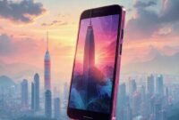 Ilustrasi sebuah smartphone futuristik, ringan, dan transparan, melayang di atas peta Tiongkok yang bersinar, dengan latar belakang pasar smartphone yang bergejolak dan grafik penjualan yang menurun.