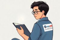 Ilustrasi seorang calon PMI sedang belajar tentang keamanan digital melalui tablet, dengan logo Kemkomdigi dan KP2MI di latar belakang, menunjukkan perlindungan dari penipuan. Gaya realistis, cerah, dan modern.