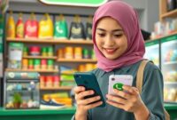 Ilustrasi seorang pemilik UMKM wanita muda tersenyum sambil memegang smartphone, menunjukkan antarmuka WhatsApp Business dengan fitur katalog produk. Di latar belakang, terlihat toko kecil yang rapi dengan produk-produk lokal. Warna cerah dan suasana optimis.
