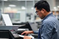 Ilustrasi seorang teknisi sedang memperbaiki printer Epson di service center resmi.