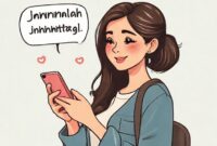 Ilustrasi seorang wanita sedang memegang smartphone dengan aplikasi Instagram terbuka, menunjukkan postingan dengan teks 'jumlah hashtag dibatasi'. Ekspresi wajahnya menunjukkan sedikit terkejut namun optimis, dengan latar belakang ikon-ikon Instagram yang berputar.