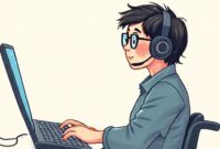 Ilustrasi seseorang dengan disabilitas menggunakan Perfect Keyboard dengan perangkat input khusus (misalnya, head pointer).