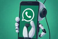 Ilustrasi tangan robot mencabut kabel dari smartphone yang menampilkan logo WhatsApp.