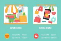 Komparasi visual antara keranjang belanja tradisional yang berisi barang-barang fisik dan keranjang belanja digital di layar tablet atau smartphone, dengan grafik pertumbuhan yang menonjolkan tren belanja online.