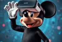 Mickey Mouse mengenakan headset virtual reality, dikelilingi oleh elemen-elemen digital abstrak yang merepresentasikan AI dan data, dengan logo Disney dan OpenAI di latar belakang.