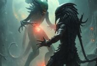 Pertarungan sengit antara Alien Queen dan Predator Elder di arena yang gelap dan penuh asap.
