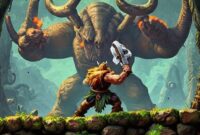 Screenshot gameplay Golden Axe Returns menampilkan karakter yang sedang bertarung melawan musuh di lingkungan fantasi.