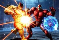 Screenshot gameplay Marvel vs Capcom X, menunjukkan kombo yang spektakuler dan grafis yang ditingkatkan.