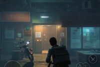 Screenshot gameplay One Late Night, menunjukkan pemain sedang menjelajahi koridor kantor yang remang-remang.