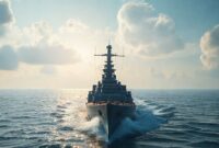 Screenshot in-game World of Warships menampilkan kapal perang yang sedang bertempur di laut lepas dengan efek visual yang realistis.