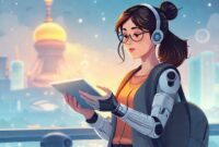 Sebuah ilustrasi digital futuristik yang menunjukkan seorang wanita menggunakan tablet hologram untuk merencanakan perjalanan, dengan peta dunia interaktif dan ikon destinasi yang melayang di sekitarnya. Tangan robotik samar-samar terlihat membantu.
