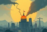 Sebuah ilustrasi digital yang menunjukkan perisai atau benteng yang melambangkan perlindungan ruang digital, dengan elemen-elemen seperti ikon internet, gawai, dan simbol data. Di belakang benteng, ada siluet kota yang terkena bencana (misalnya banjir atau gempa), dan di atasnya, simbol hoaks atau disinformasi (misalnya tanda seru palsu atau gambar serigala berbulu domba) sedang dihalau. Warna-warna cerah dan optimistik.