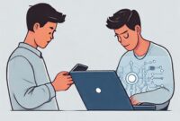 Sebuah ilustrasi digital yang menunjukkan seseorang sedang melihat layar tablet dengan latar belakang media sosial (simbol