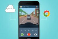 Sebuah ilustrasi digital menunjukkan layar smartphone dengan tampilan live video dari sebuah lokasi darurat (misalnya, kecelakaan mobil kecil atau asap), dengan garis putus-putus yang menghubungkan smartphone tersebut ke ikon pusat panggilan darurat atau operator di cloud. Latar belakang menunjukkan ikon-ikon Android dan Google yang samar, menekankan integrasi. Warna-warna cerah namun serius.