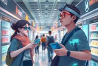 Sebuah ilustrasi futuristik Harbolnas 2025 dengan orang-orang berbelanja menggunakan antarmuka augmented reality (AR) dan holographic display, menunjukkan produk digital dan fisik. Warna-warna cerah dan suasana meriah.