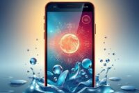 Sebuah ilustrasi futuristik antarmuka ponsel dengan efek Liquid Glass, menampilkan ikon-ikon yang tampak melayang dan transparan di atas latar belakang bergelombang cahaya biru dan ungu, dengan sentuhan jari yang menciptakan riak halus.