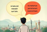 Sebuah ilustrasi metaforis menunjukkan jembatan yang terbuat dari kata-kata dan ekspresi wajah yang positif, menghubungkan dua sisi yang berbeda (satu sisi mewakili