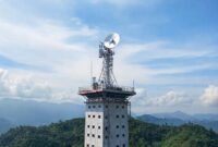 Sebuah menara BTS (Base Transceiver Station) yang modern dengan parabola VSAT (Very Small Aperture Terminal) yang terpasang di atasnya, berada di tengah lanskap pedesaan yang hijau di Sumatera Barat dengan latar belakang perbukitan. Langit cerah menunjukkan koneksi satelit yang jelas.
