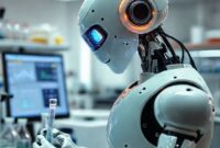 Sebuah robot berteknologi tinggi berwarna putih bersih dengan lengan presisi sedang melakukan pipetting di dalam sebuah laboratorium kimia modern yang terang. Di latar belakang terlihat peralatan lab canggih dan layar monitor dengan grafik data.