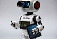 Sebuah robot kecil dengan logo UMKM di dadanya sedang memegang mikroskop di satu tangan dan tablet dengan grafik data di tangan lain, di latar belakang ada siluet kota Jakarta dan logo MarketingFest 2025.