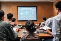 Sekelompok guru dan siswa dari berbagai usia di Indonesia terlibat dalam diskusi aktif di sebuah ruang kelas modern. Di latar belakang, terlihat proyektor menampilkan infografis tentang AI dalam pendidikan, sementara beberapa siswa memegang buku fisik dan tablet. Suasana optimis dan kolaboratif.