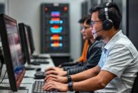 Sekelompok individu disabilitas sedang bekerja di depan komputer, beberapa menggunakan keyboard adaptif atau pembaca layar, tersenyum dengan latar belakang server cloud yang modern dan ikon AI yang bercahaya. Ada tulisan