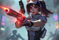 Seorang karakter wanita dengan pakaian futuristik sedang menembak dengan senjata di tengah pertempuran Farlight 84 di PC.