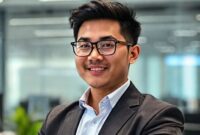 Seorang profesional muda yang tersenyum menggunakan produk digital Komdigi di lingkungan kantor modern.