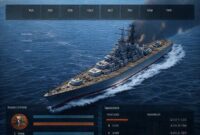 Tampilan antarmuka pengguna (UI) World of Warships yang menampilkan opsi kapal, upgrade, dan statistik pemain.
