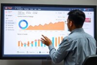 Tampilan layar komputer yang menunjukkan grafik analisis kinerja hashtag di Instagram Insights, dengan data yang menyoroti jangkauan dan interaksi. Di sampingnya ada seseorang sedang memikirkan strategi optimalisasi hashtag.