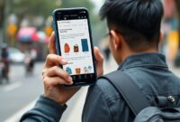 Tangan yang memegang smartphone menampilkan antarmuka e-commerce dengan personalisasi AI, menunjukkan rekomendasi produk yang disesuaikan, di latar belakang ada siluet kota digital dan lambang UMKM.