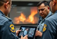 Tiga orang petugas penyelamat (polisi, pemadam kebakaran, dan paramedis) melihat layar tablet besar di pusat komando. Layar tablet menampilkan streaming video langsung dari sebuah kejadian, menunjukkan detail lokasi atau kondisi korban, dengan simbol Google di sudut layar. Wajah petugas menunjukkan fokus dan keseriusan.